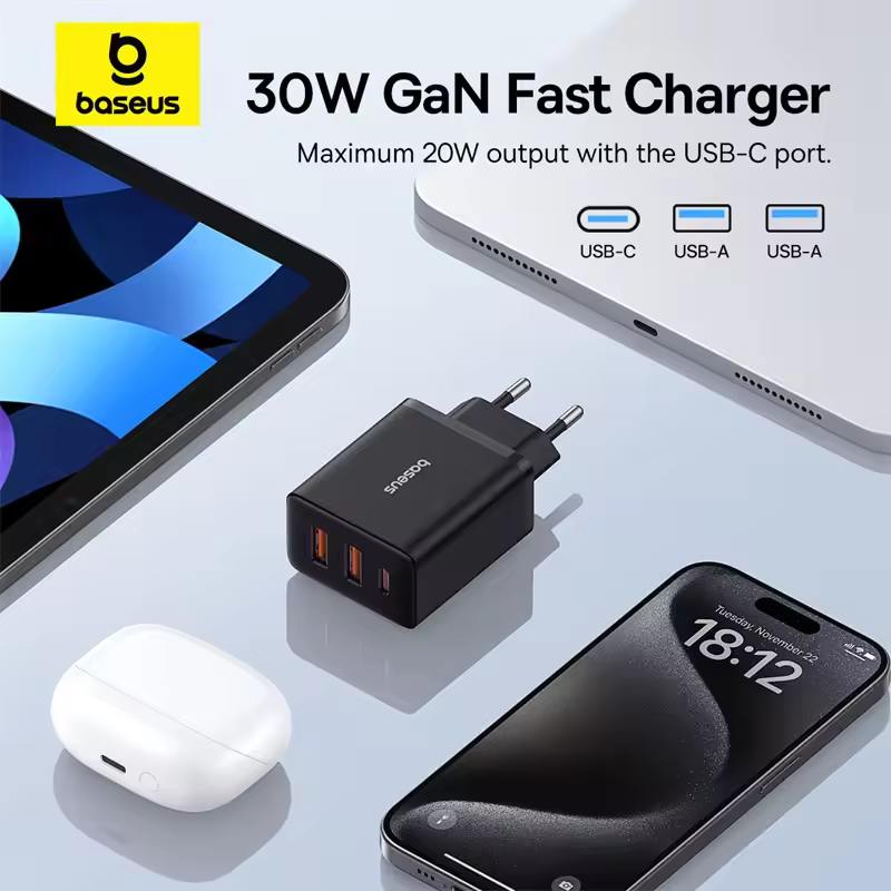 Baseus 30W USB Charger QC3.0 PD3.0 Fast Charging 3 Port Adapter for iPhone & Android