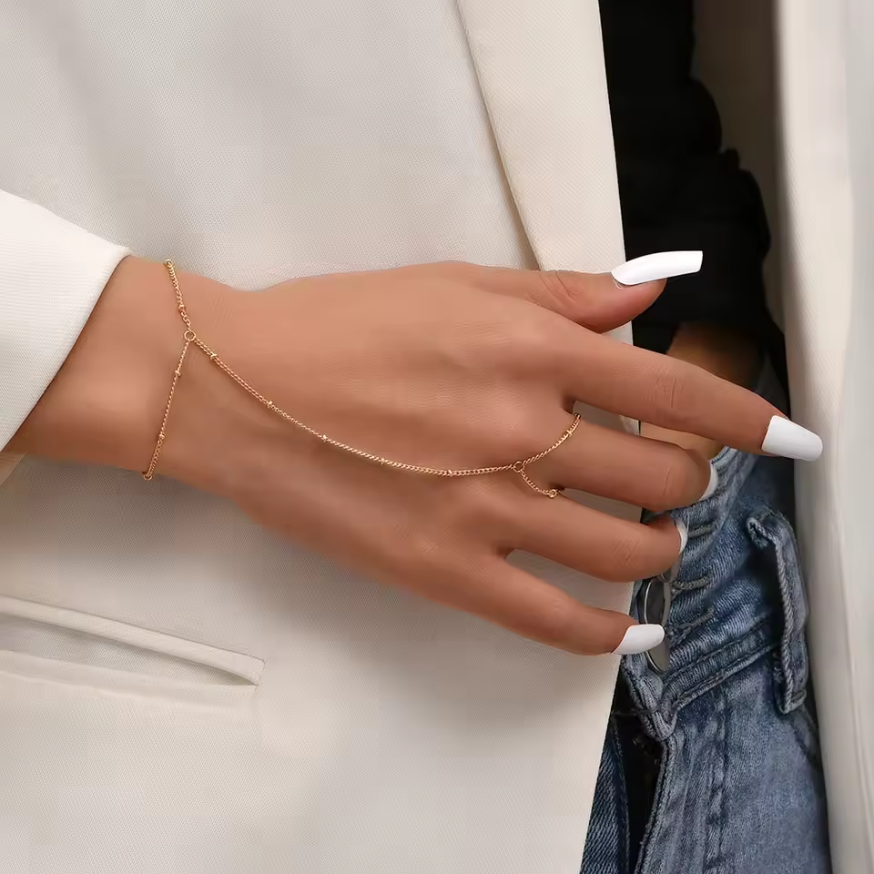 Gold Plated Hand Chain Bracelet Ring – Women’s Handmade Harness Jewelry