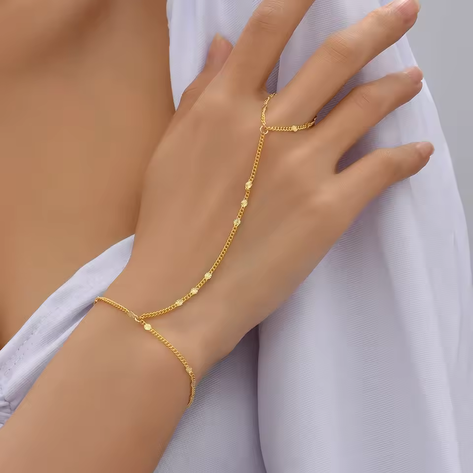 Gold Plated Hand Chain Bracelet Ring – Women’s Handmade Harness Jewelry