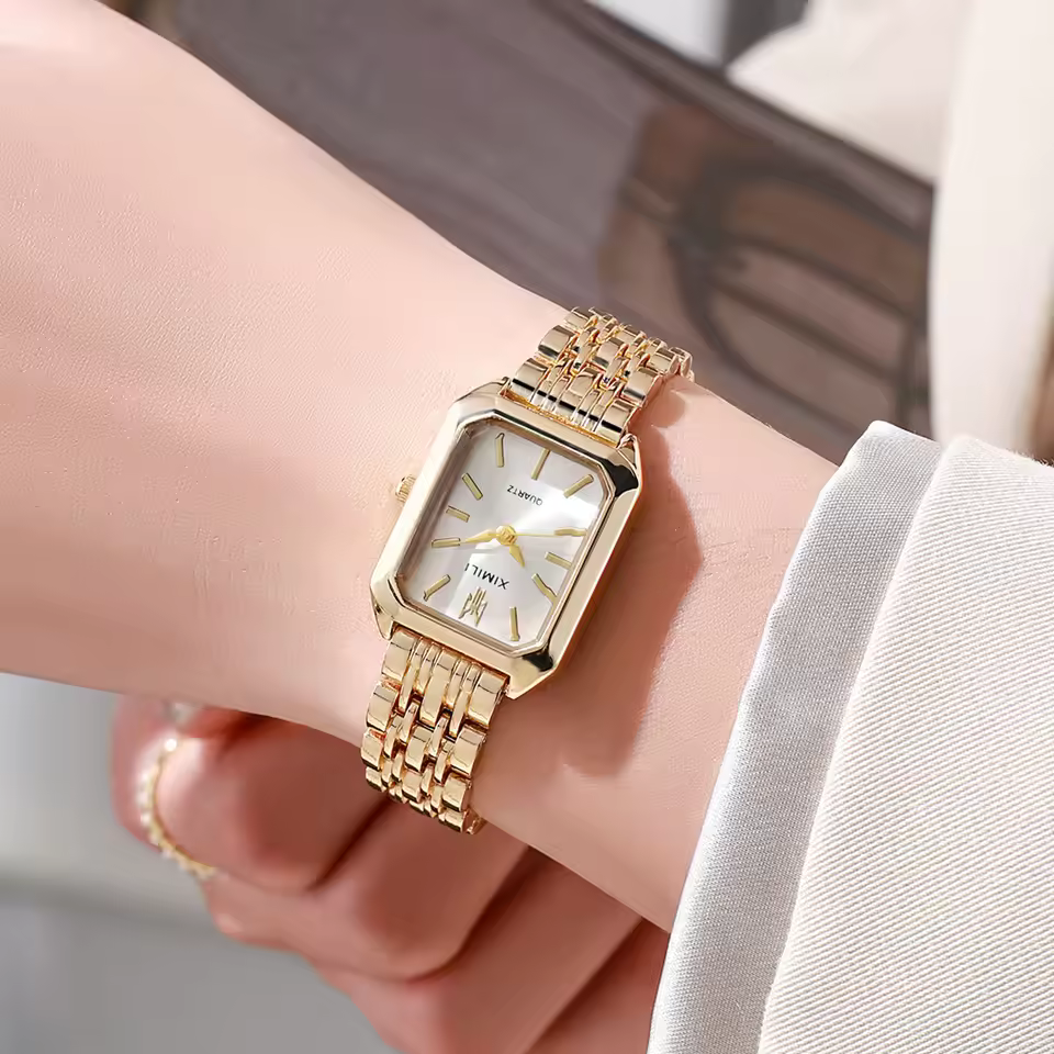 Women’s Business Luxury Fashion Quartz Watch – Gold Plated Stainless Steel Square Ladies Watch