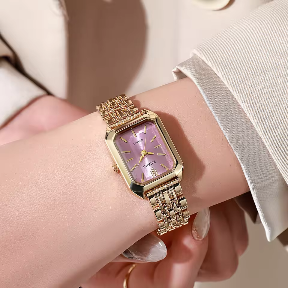 Women’s Business Luxury Fashion Quartz Watch – Gold Plated Stainless Steel Square Ladies Watch