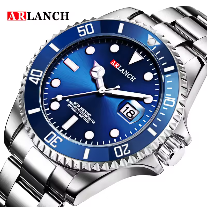 Business Stainless Steel Watch 40mm Classic Red Blue Circle Quartz Diving Watch for Men