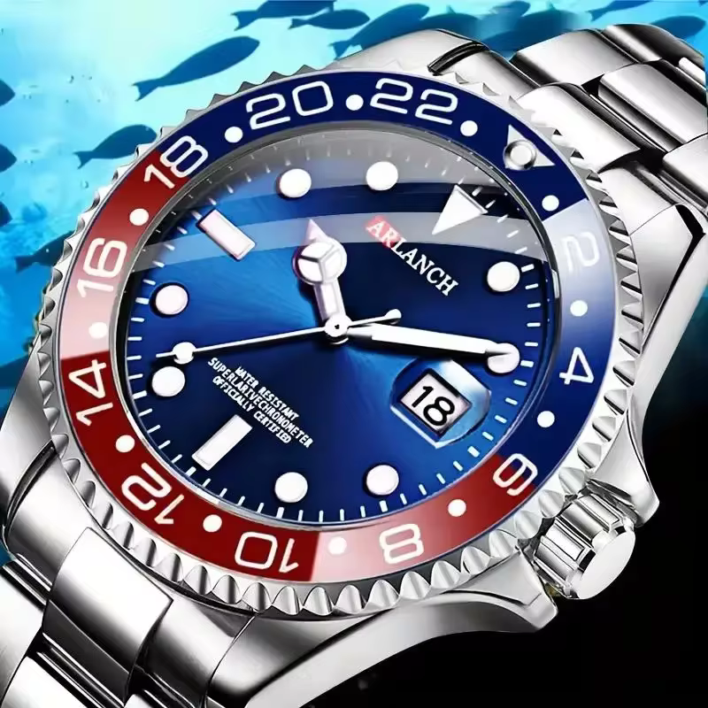 Business Stainless Steel Watch 40mm Classic Red Blue Circle Quartz Diving Watch for Men