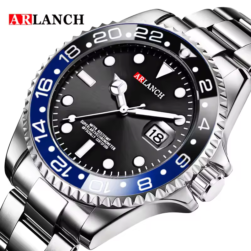 Business Stainless Steel Watch 40mm Classic Red Blue Circle Quartz Diving Watch for Men