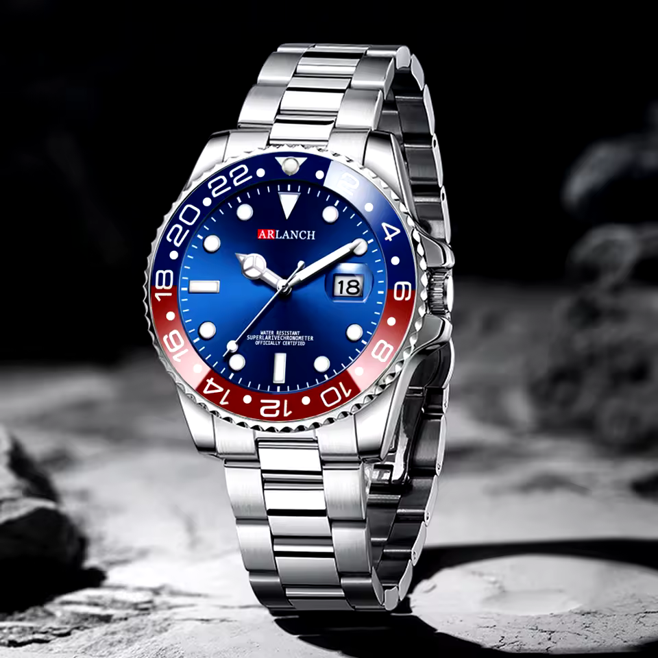 Business Stainless Steel Watch 40mm Classic Red Blue Circle Quartz Diving Watch for Men