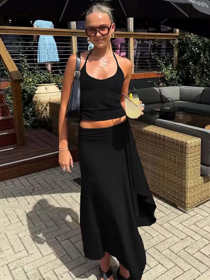Hugcitar Halter Backless Lace Up Crop Top & Ruched Maxi Skirt 2 Piece Set – Women's Beach Vacation Outfit