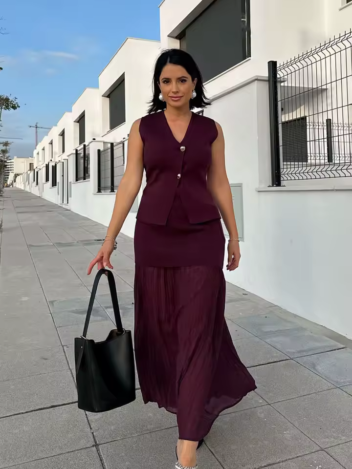 HH Chic V Neck Knitted Vest Top & High Waist Ankle Length Skirt 2 Piece Set – Sleeveless Button Detail