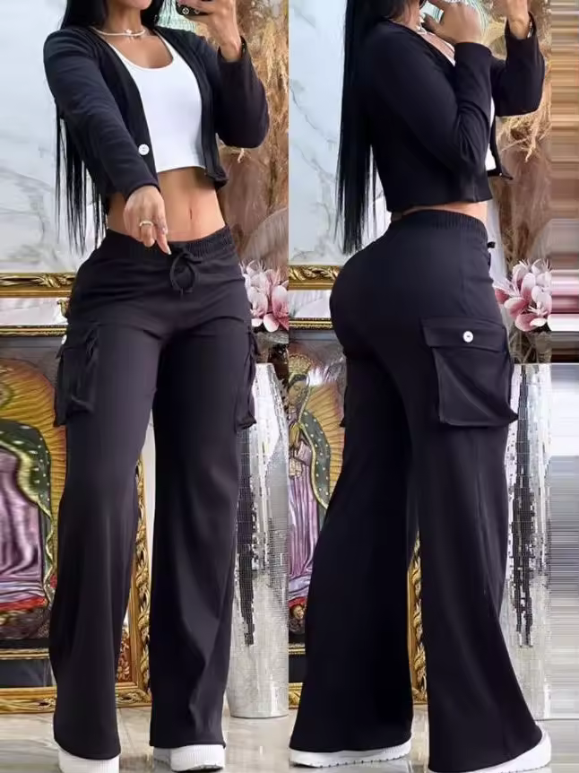 Women's Casual Cardigan & Cargo Pants 2 Piece Set – Long Sleeve Short Top with Big Pocket Pants, Spring Autumn Outfit