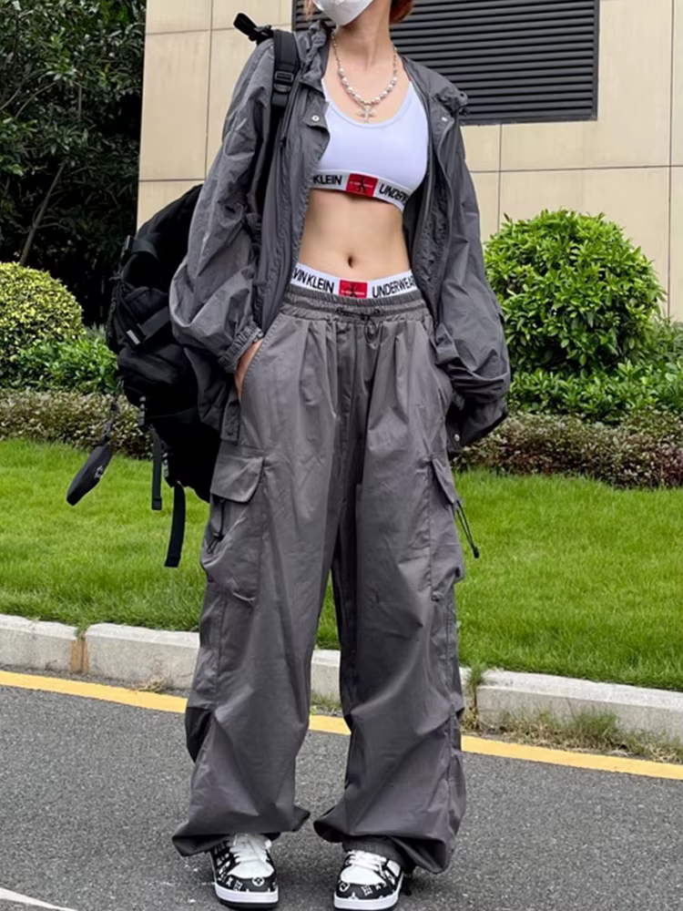 Y2K Parachute Black Cargo Pants – Oversized Pockets Wide Leg Baggy Sweatpants, Harajuku Streetwear