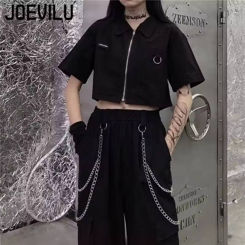 Cargo Pants Suit – Slim Short Sleeve Shirt & High Waist Chain Sweatpants, Women's Korean Hip Hop Gothic Two Piece Set