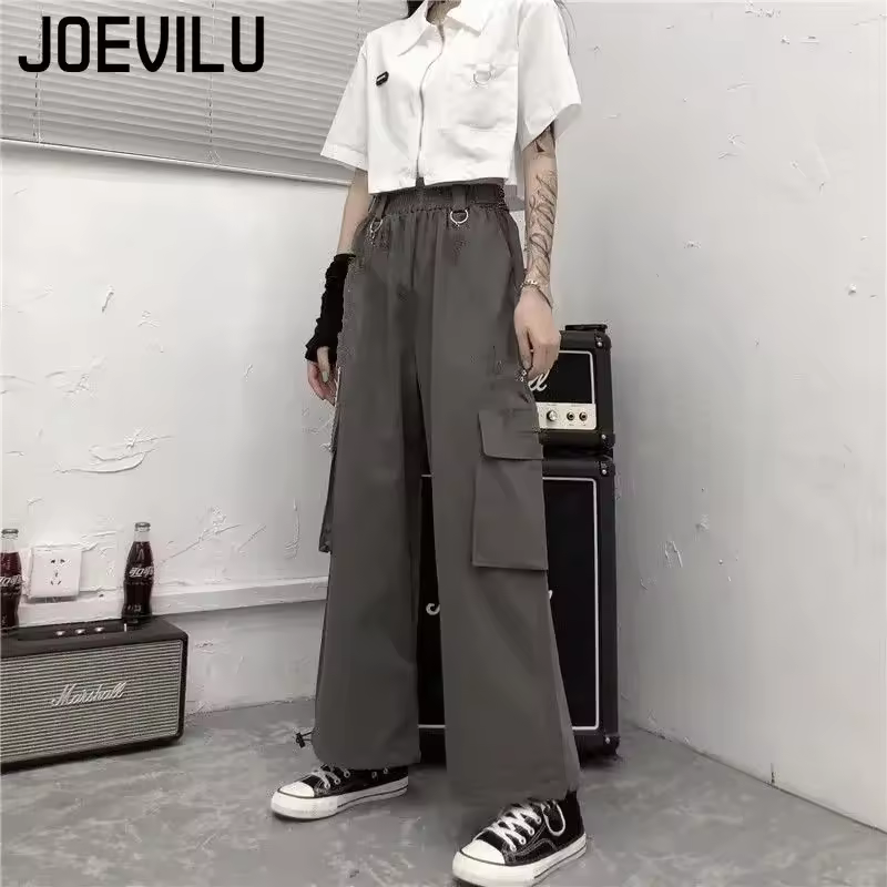 Cargo Pants Suit – Slim Short Sleeve Shirt & High Waist Chain Sweatpants, Women's Korean Hip Hop Gothic Two Piece Set